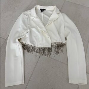 White Cropped Blazer with Silver Fringe